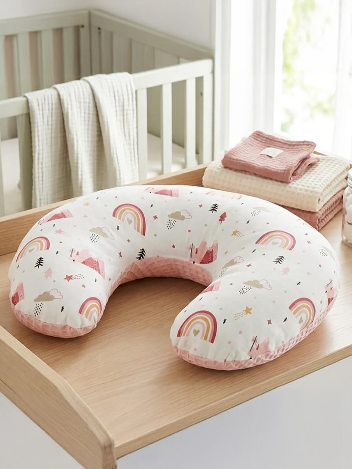 Yuar Baby Pike & Müslin Desenli Emzirme Minderi-Rainbow - Pembe