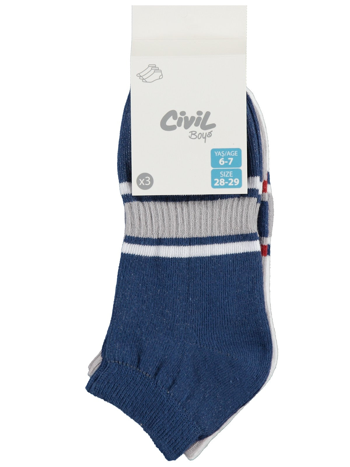Civil Erkek Çocuk Basic Derbili 3'lü Erkek Çocuk Patik Çorap | Okul Kreş ve Günlük Kullanım