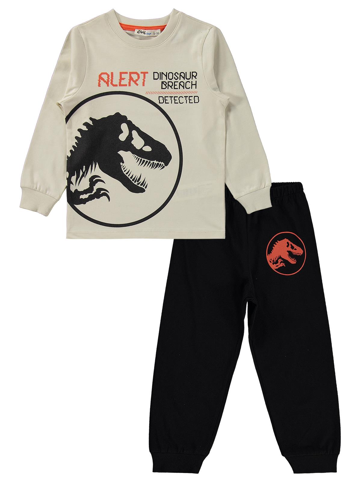 Jurassic World Pijama Takımı | Süprem-Süprem Uzun Kol Bisiklet Yaka | Okul Kreş ve Günlük Kullanım - Ekru