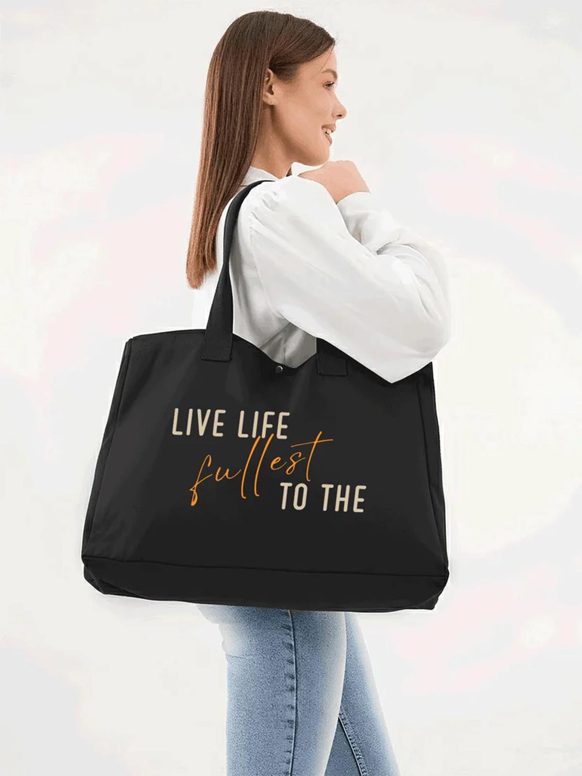 Çınar Bez Çanta Siyah 3 Çıtlı Live Life Baskılı Büyük Boy Kanvas Çanta