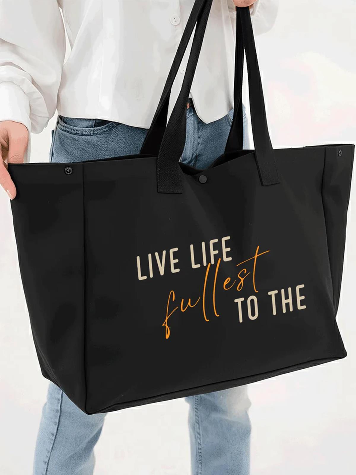 Çınar Bez Çanta Siyah 3 Çıtlı Live Life Baskılı Büyük Boy Kanvas Çanta