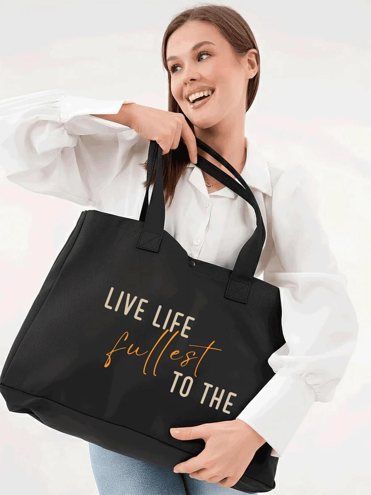 Çınar Bez Çanta Siyah 3 Çıtlı Live Life Baskılı Büyük Boy Kanvas Çanta