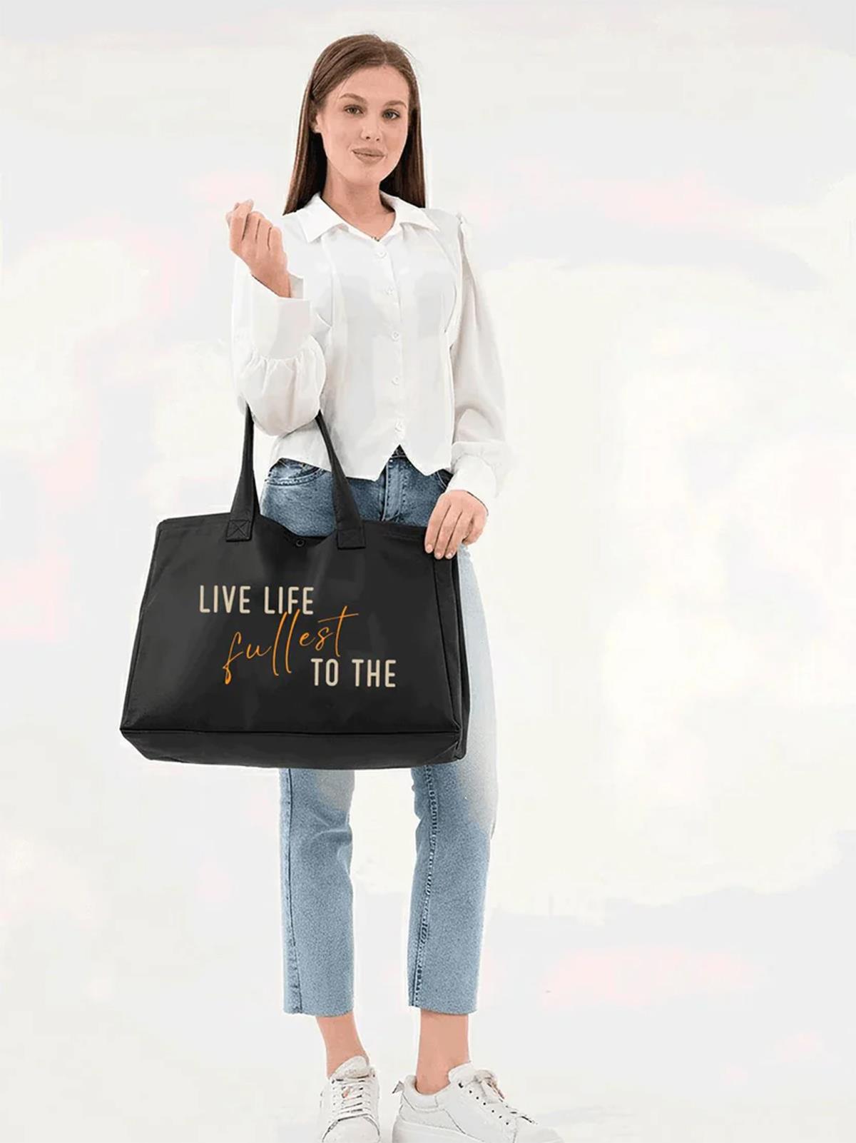 Çınar Bez Çanta Siyah 3 Çıtlı Live Life Baskılı Büyük Boy Kanvas Çanta