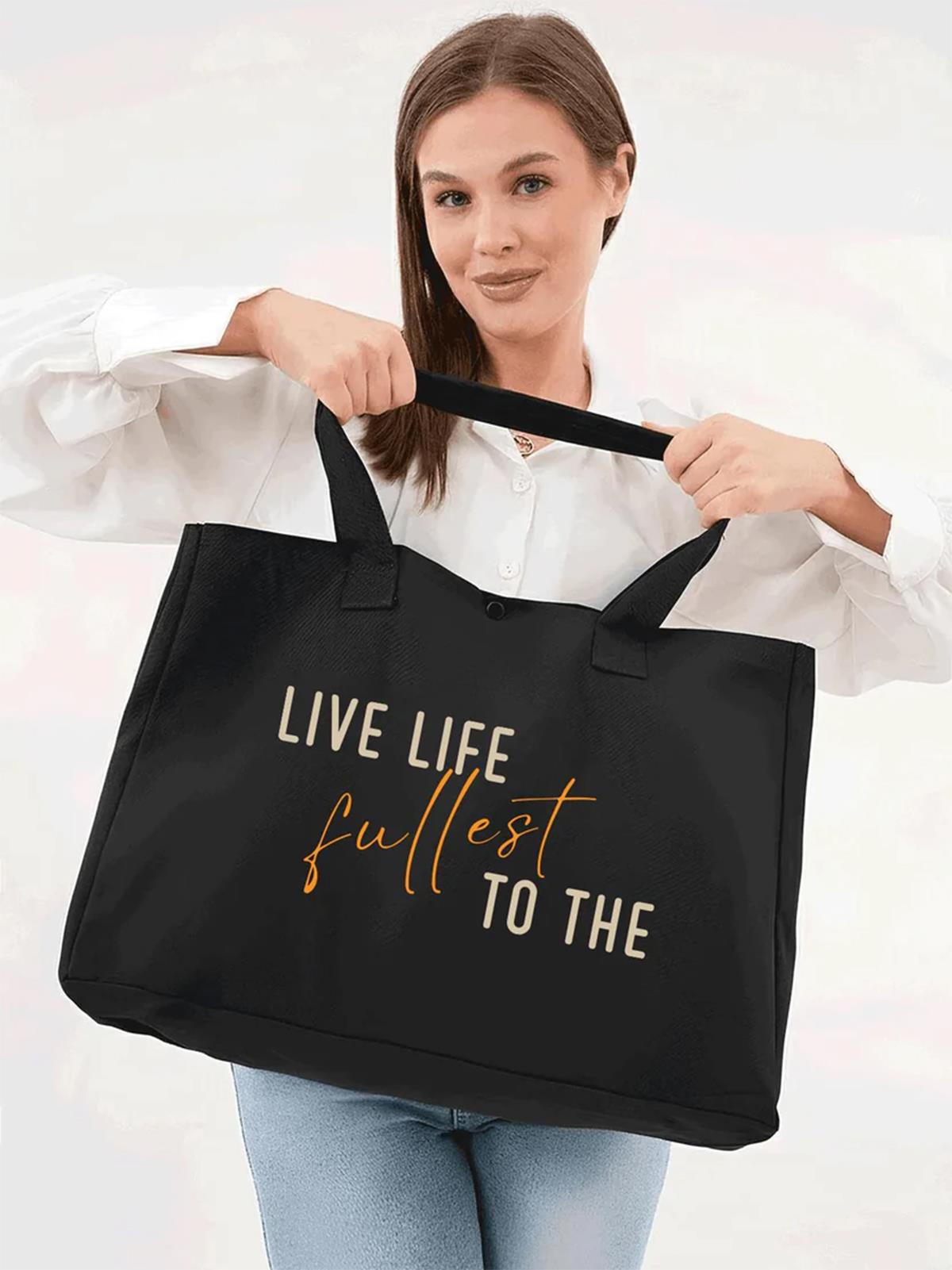 Çınar Bez Çanta Siyah 3 Çıtlı Live Life Baskılı Büyük Boy Kanvas Çanta
