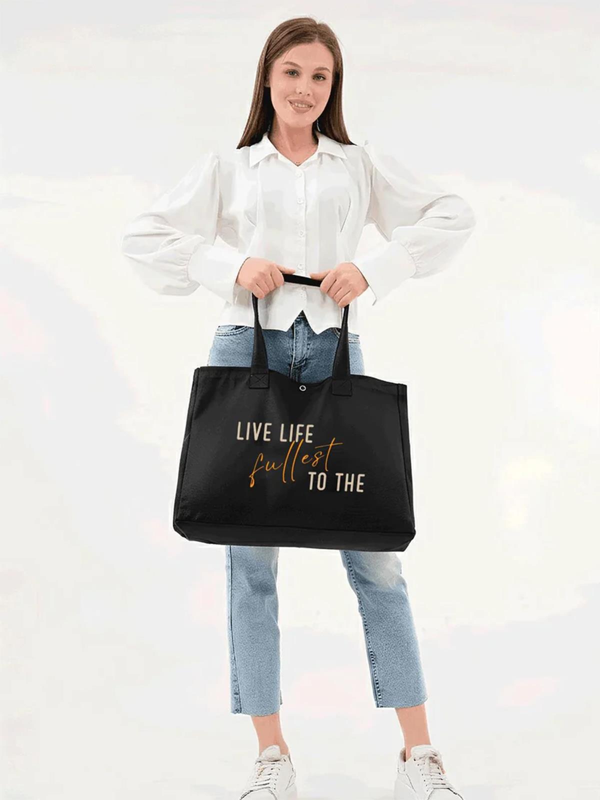 Çınar Bez Çanta Siyah 3 Çıtlı Live Life Baskılı Büyük Boy Kanvas Çanta