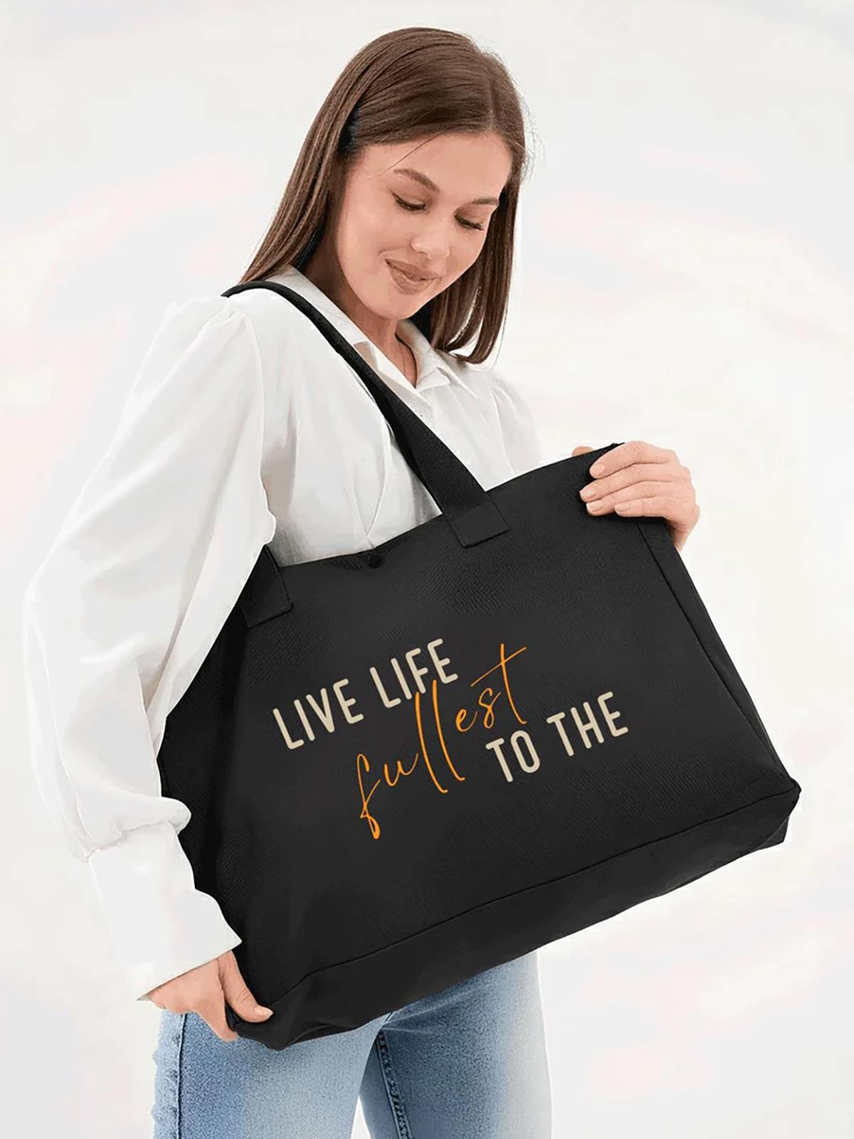 Çınar Bez Çanta Siyah 3 Çıtlı Live Life Baskılı Büyük Boy Kanvas Çanta