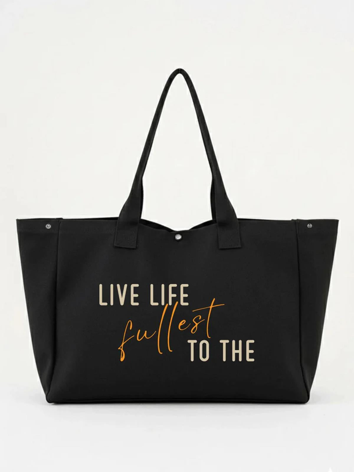 Çınar Bez Çanta Siyah 3 Çıtlı Live Life Baskılı Büyük Boy Kanvas Çanta