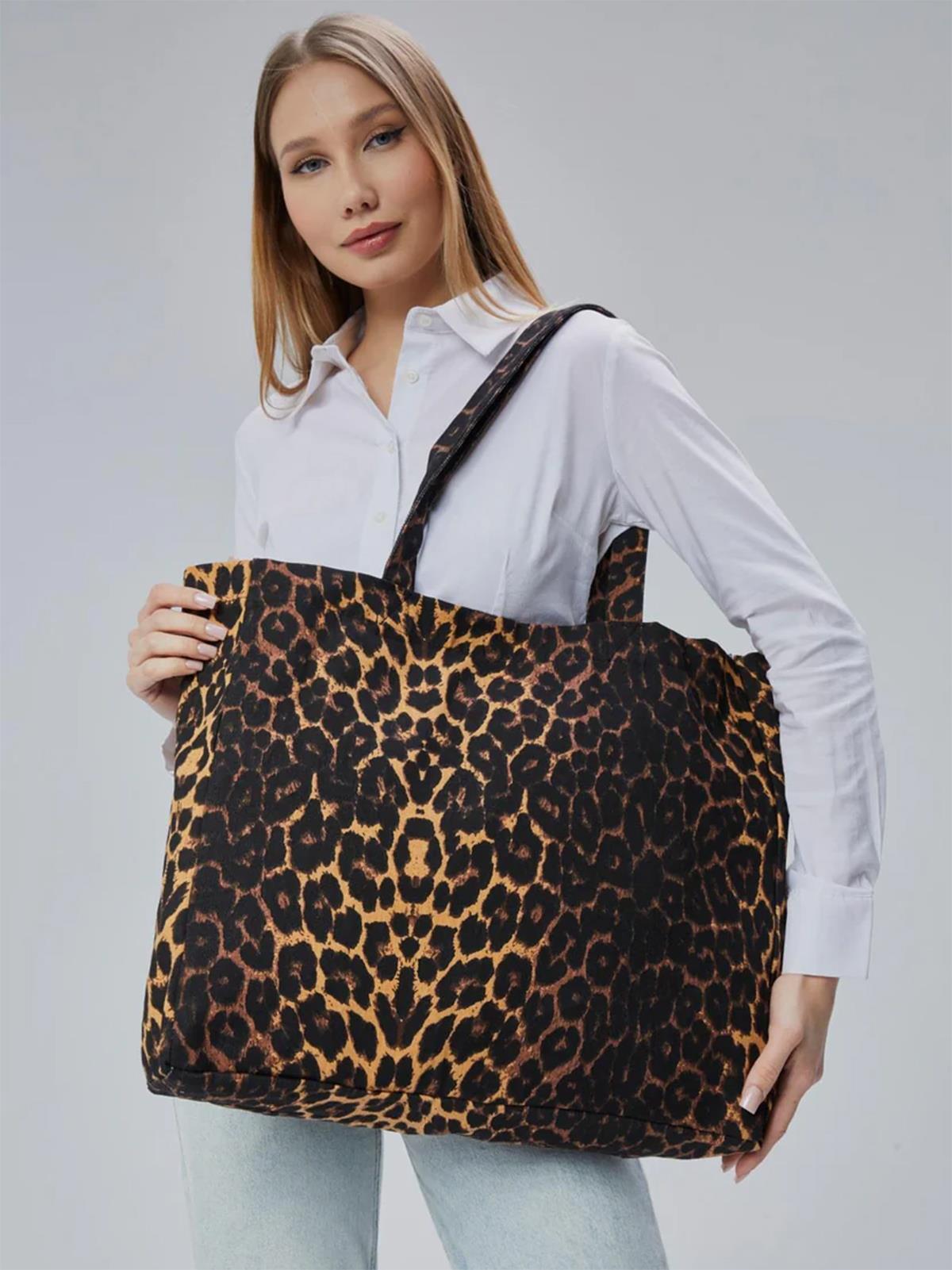 Çınar Bez Çanta Geçişli Leopar Desen Büyük Boy Çanta