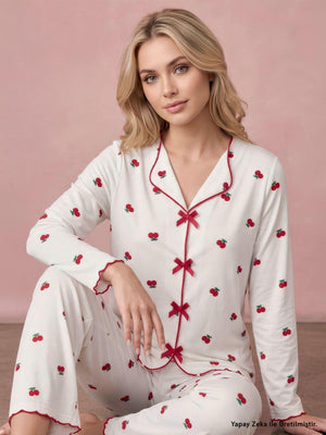 Manolya Milan Süfleli Kiraz Desen U. Kol S-XXL Pijama Takım - Beyaz