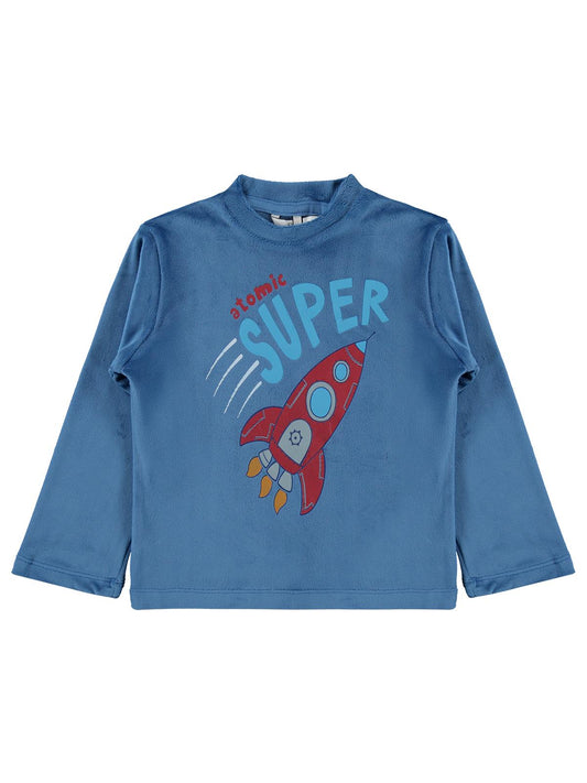Supersoft Pijama Takımı | Kadife Uzun Kol Bisiklet Yaka Baskılı | Okul Kreş ve Günlük Kullanım - Mavi
