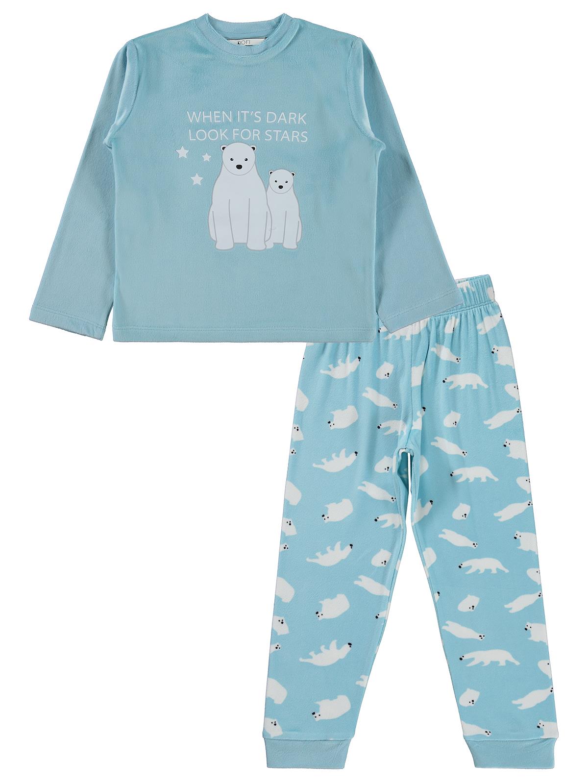 Dorka Golsut Kutup Ayısı Basıklı Pijama Takımı | Kadife Uzun Kol Bisiklet Yaka | Okul Kreş ve Günlük Kullanım - Mavi