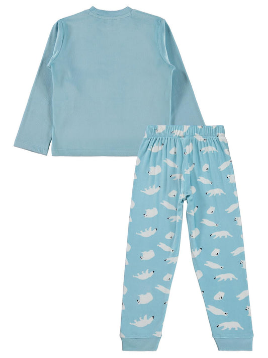 Dorka Golsut Kutup Ayısı Basıklı Pijama Takımı | Kadife Uzun Kol Bisiklet Yaka | Okul Kreş ve Günlük Kullanım - Mavi
