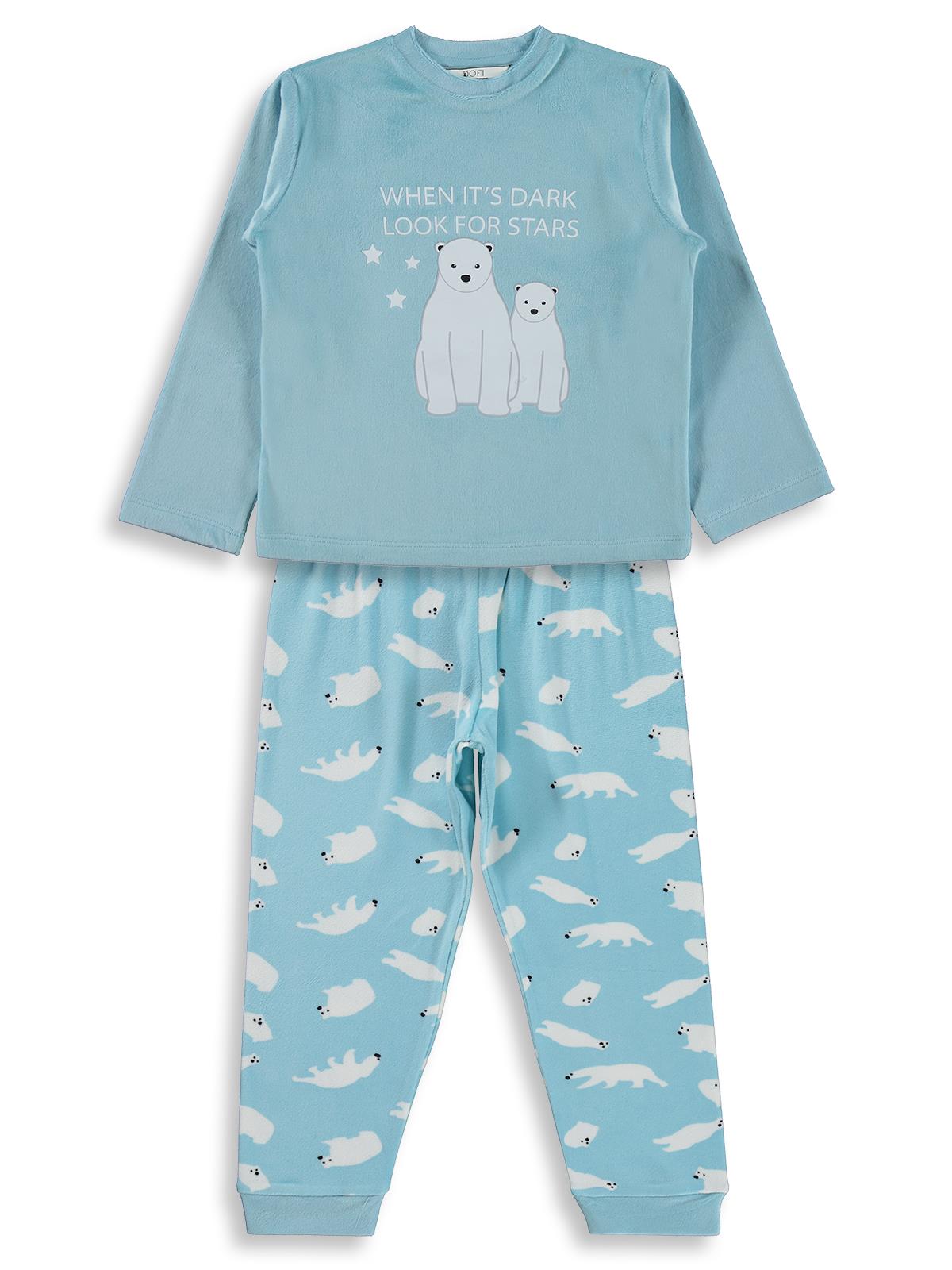 Dorka Golsut Kutup Ayısı Basıklı Pijama Takımı | Kadife Uzun Kol Bisiklet Yaka | Okul Kreş ve Günlük Kullanım - Mavi