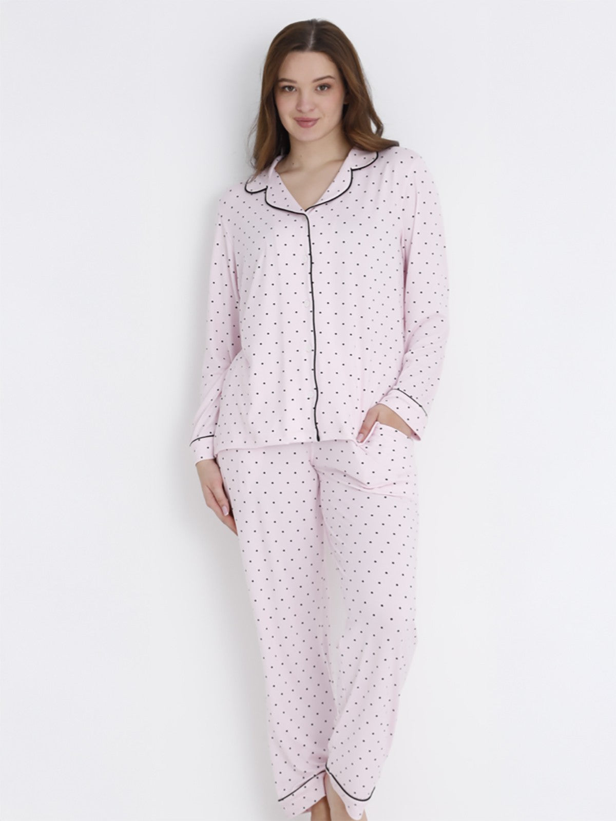 Dofi Kadın Puantiyeli Düğmeli S-XL Pijama Takımı - Pembe