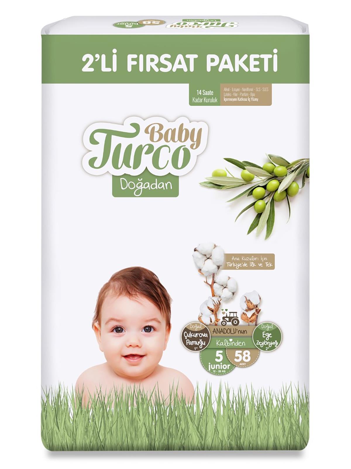Baby Turco Doğadan Bebek Bezi Fırsat Paketi 5 Junior Numara 58 Adet