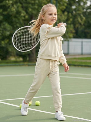 Civil Girls Kız Çocuk Kolu Fırfırlı Eşofman Takımı | 2 İp Uzun Kol | Okul Kreş ve Günlük Kullanım - Fil Dişi