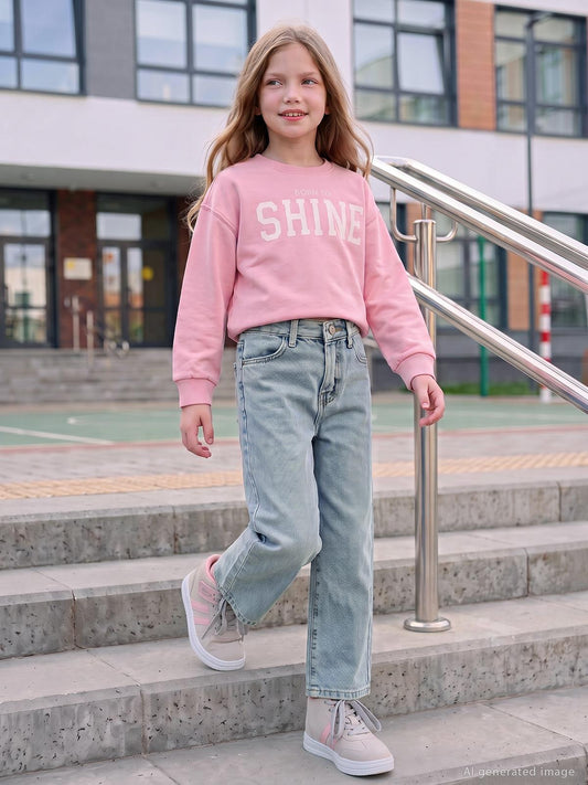 Civil Kız Çocuk Born to Shine Sweatshirt | 3 İp Uzun Kol | Okul Kreş ve Günlük Kullanım - Pudra
