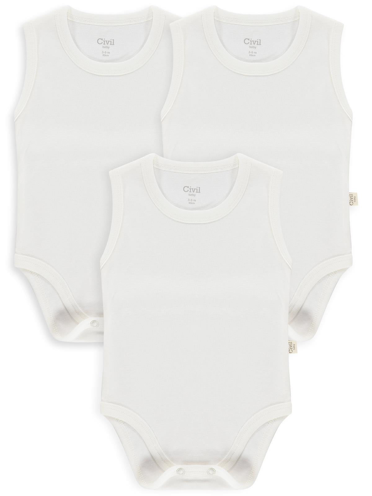 Civil Baby 3 lü Düz Sıfır Kol 3-9 Ay Çıtçıtlı Badi - Beyaz