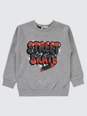 Civil Erkek Çocuk Street Skate Baskılı Sweatshirt | 2 İp Uzun Kol | Okul Kreş ve Günlük Kullanım - Gri