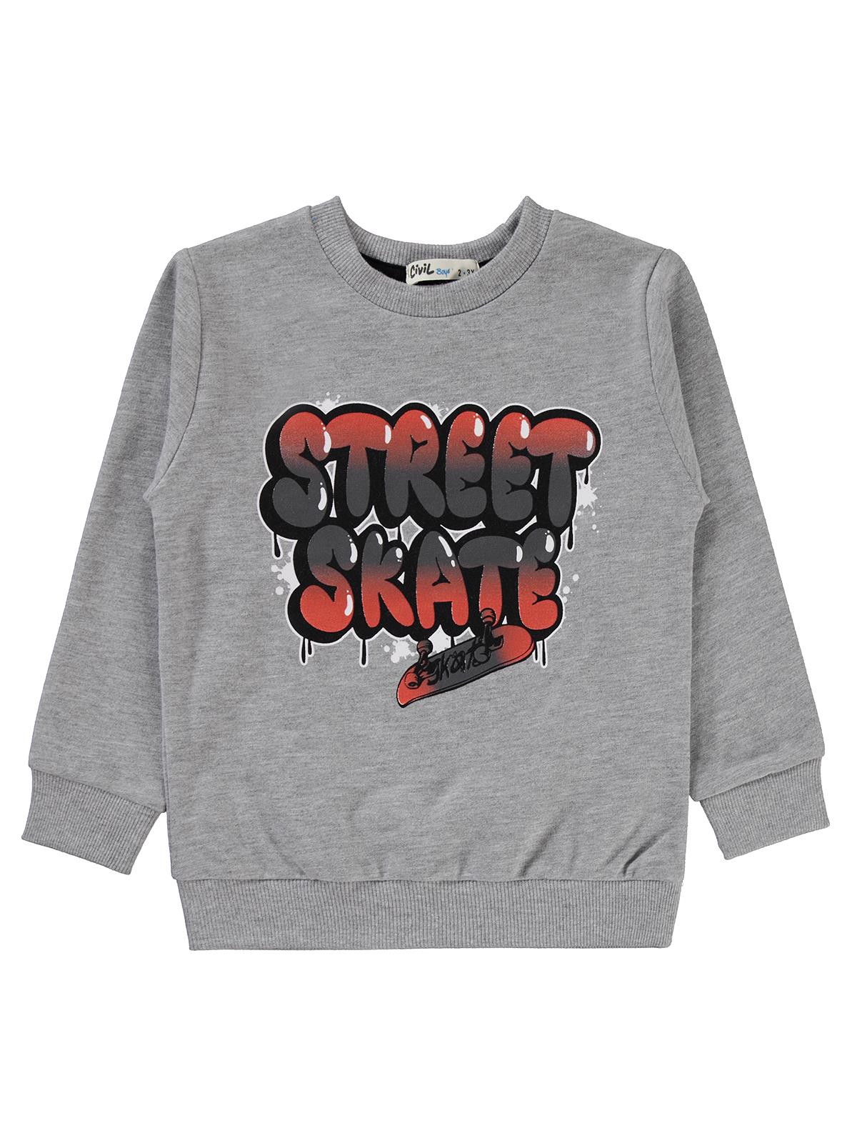 Civil Erkek Çocuk Street Skate Baskılı Sweatshirt | 2 İp Uzun Kol | Okul Kreş ve Günlük Kullanım - Gri