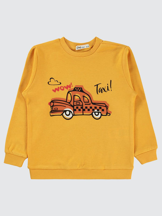 Civil Erkek Çocuk Taksi Baskılı Sweatshirt | İnterlok Uzun Kol | Okul Kreş ve Günlük Kullanım - Hardal