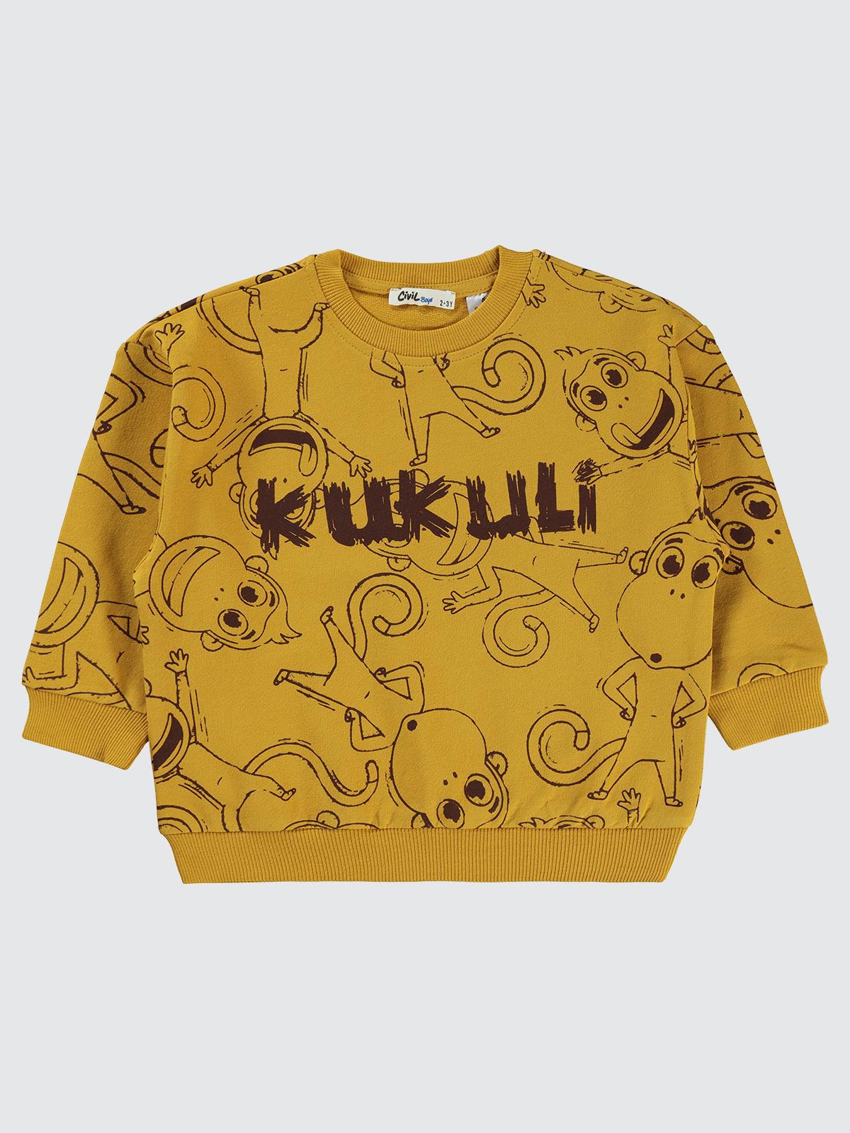 Civil Erkek Çocuk Empirme Kukuli Baskılı Sweatshirt | 2 İp Uzun Kol | Okul Kreş ve Günlük Kullanım - Hardal
