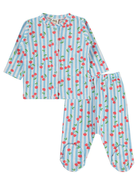 Civil Baby Çizgili Kiraz Baskılı 1-6 Ay Pijama Takımı - Mavi