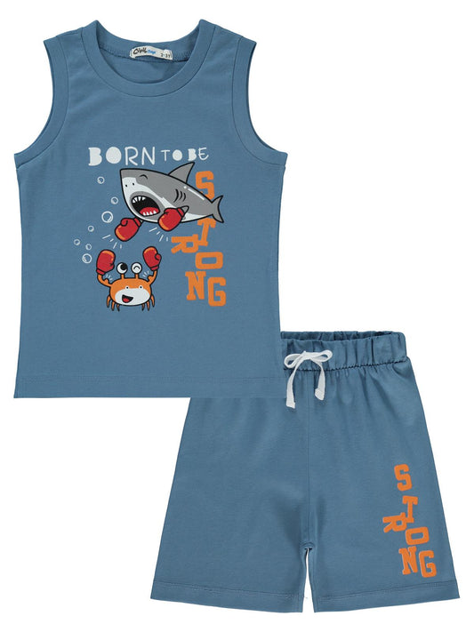 Civil Boys Boks Yapan Köpek Balığı Baskılı 2-5 Yaş Pijama Takımı - Mavi