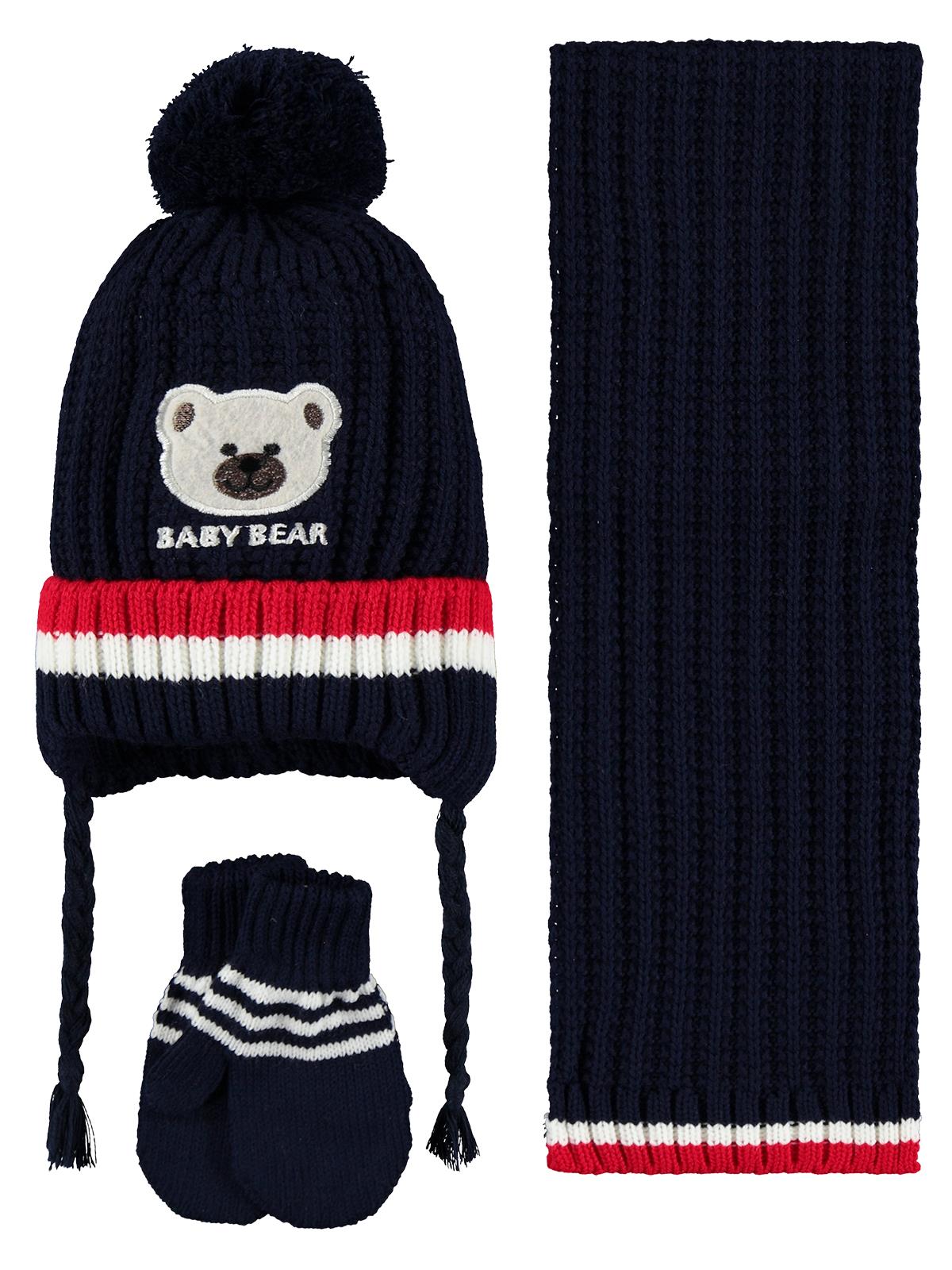 Civil Baby Baby Bear Nakış Desen 0-24 Ay Atkı Bere Eldiven Set - Lacivert