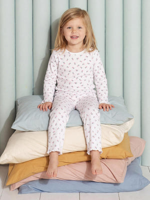 Civil Kız Çocuk Çiçek Desenli Pijama Takımı | Kaşkorse Uzun Kol | Okul Kreş ve Günlük Kullanım - Ekru