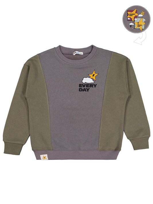 Civil Boys Erkek Çocuk Every Day Yıldız Baskılı Sweatshirt | 3 İp Uzun Kol | Okul Kreş ve Günlük Kullanım - Haki