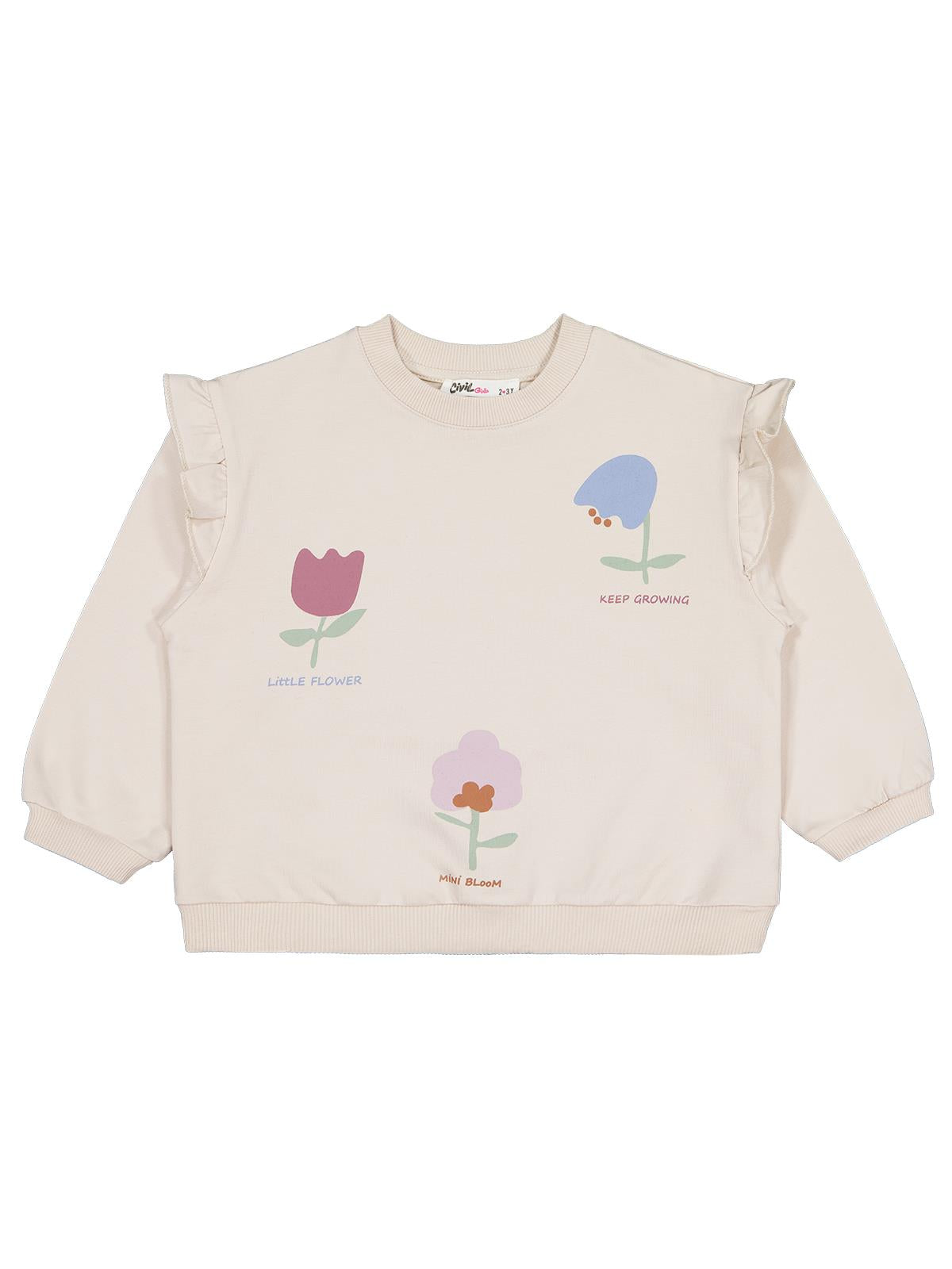 Civil Girls Kız Çocuk Lale Baskılı Sweatshirt | 2 İp Uzun Kol Bisiklet Yaka | Okul Kreş ve Günlük Kullanım - Bej