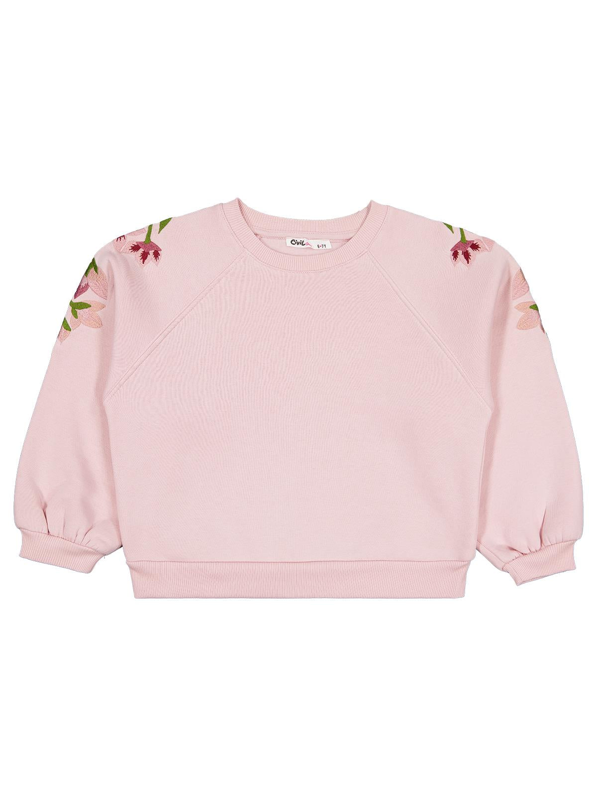 Civil Kız Çocuk Omuzu Çiçek Nakışlı Sweatshirt | 3 İp Uzun Kol | Okul Kreş ve Günlük Kullanım - Pembe