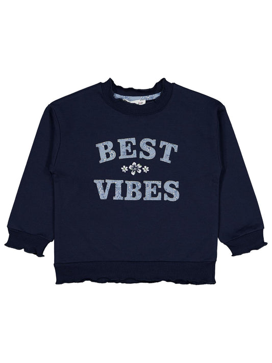 Civil Kız Çocuk Best Vibes Nakışlı Sweatshirt | 2 İp Uzun Kol | Okul Kreş ve Günlük Kullanım - Lacivert