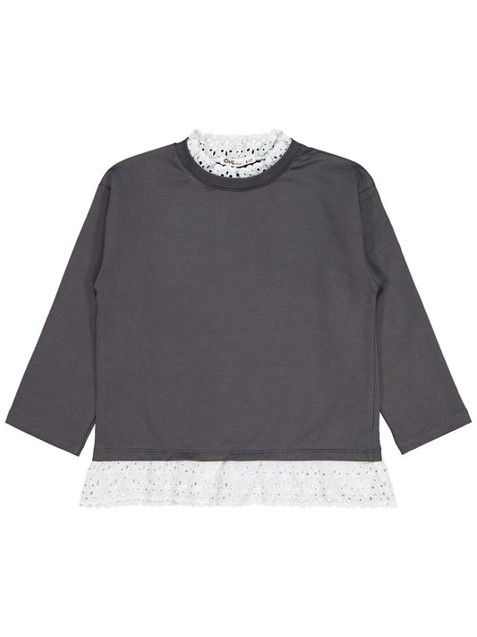 Civil Kız Çocuk Brodeli Sweatshirt | 2 İp Uzun Kol Bisiklet Yaka | Okul Kreş ve Günlük Kullanım - Gri