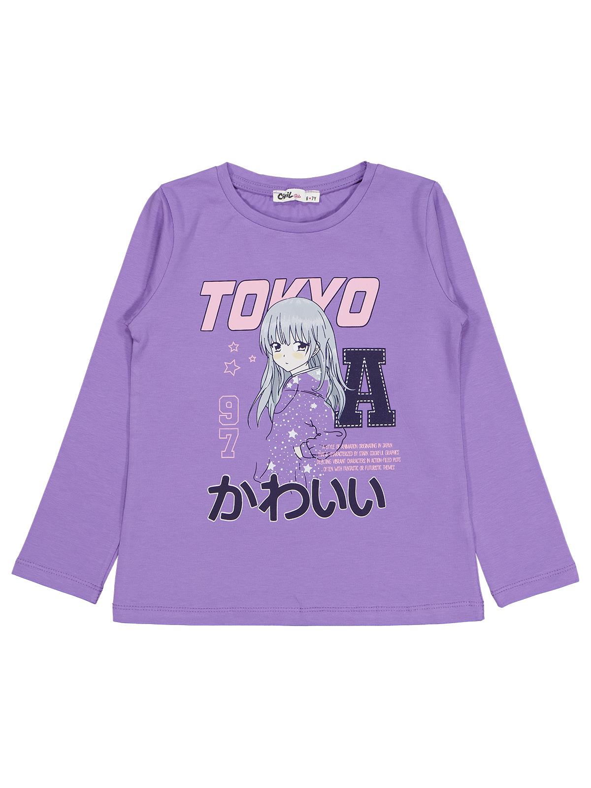 Civil Kız Çocuk Anime Baskılı Sweatshirt | Likralı Süprem Uzun Kol | Okul Kreş ve Günlük Kullanım - Lila