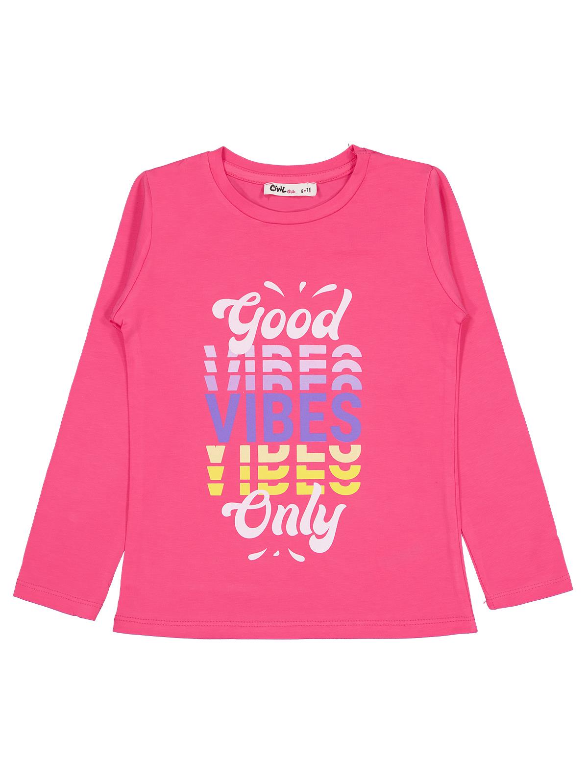 Civil Kız Çocuk Good Vibes Only Baskılı Sweatshirt | Likralı Süprem | Okul Kreş ve Günlük Kullanım - Pembe
