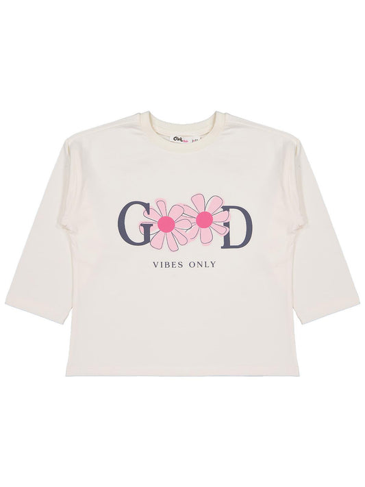 Civil Kız Çocuk Good Baskılı Sweatshirt | Likralı Süprem Şardonlu | Okul Kreş ve Günlük Kullanım - Ekru