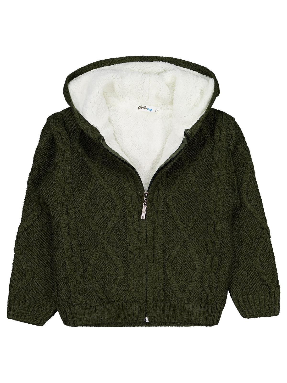 Civil Boys Saç Örgülü İçi Polarlı Kapşonlu 2-5 Yaş Hırka - Yeşil