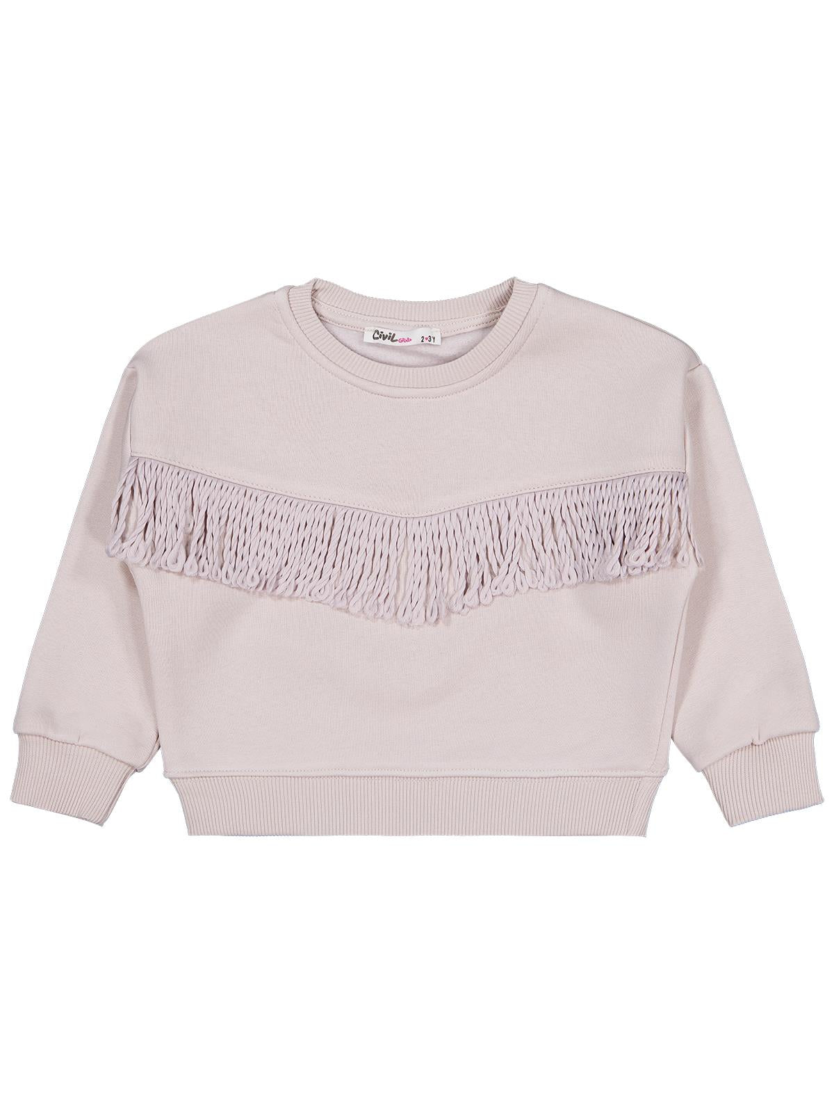 Civil Kız Çocuk Püsküllü Sweatshirt | 3 İp Uzun Kol Bisiklet Yaka | Okul Kreş ve Günlük Kullanım - Bej