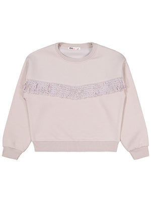 Civil Kız Çocuk Püsküllü Sweatshirt | 3 İp Uzun Kol Bisiklet Yaka | Okul Kreş ve Günlük Kullanım - Bej