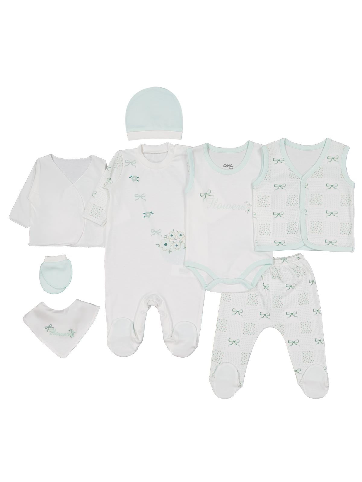 Civil Baby Çiçek Baskılı 8 li  Zıbın Setleri - Yeşil