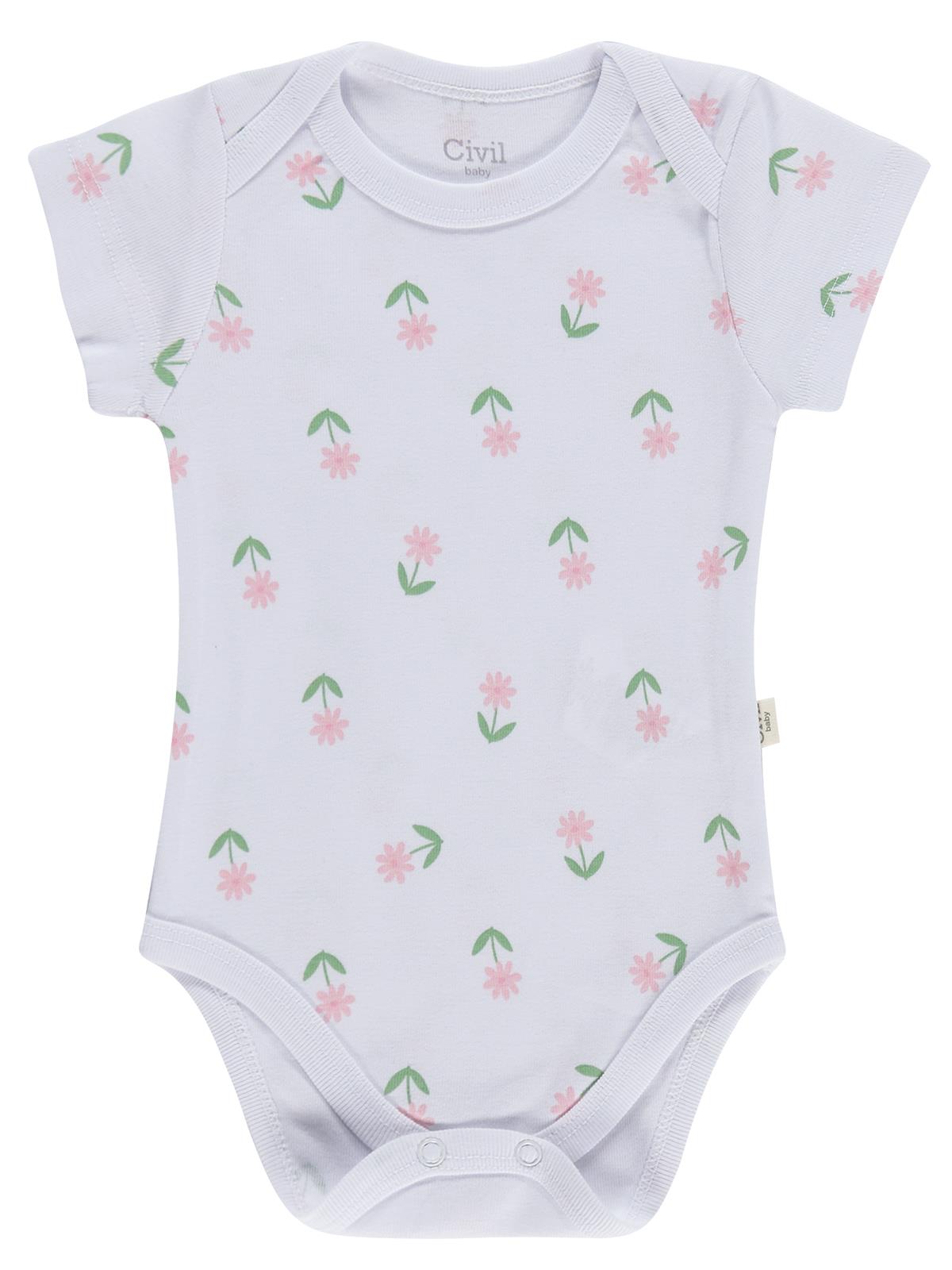 Civil Baby 5 li Çiçek Empirmeli Kısa Kol 0-36 Ay Çıtçıtlı Badi - Pembe