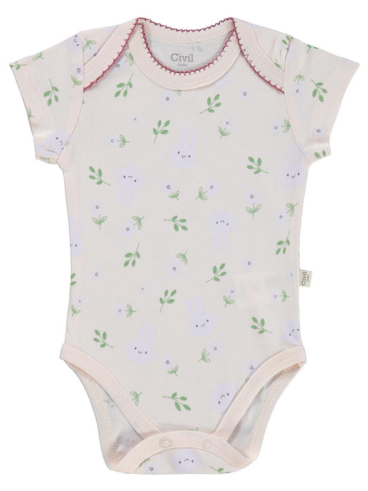 Civil Baby 3 lü Tavşan Empirmeli Kısa Kol 0-36 Ay Çıtçıtlı Badi - Pudra