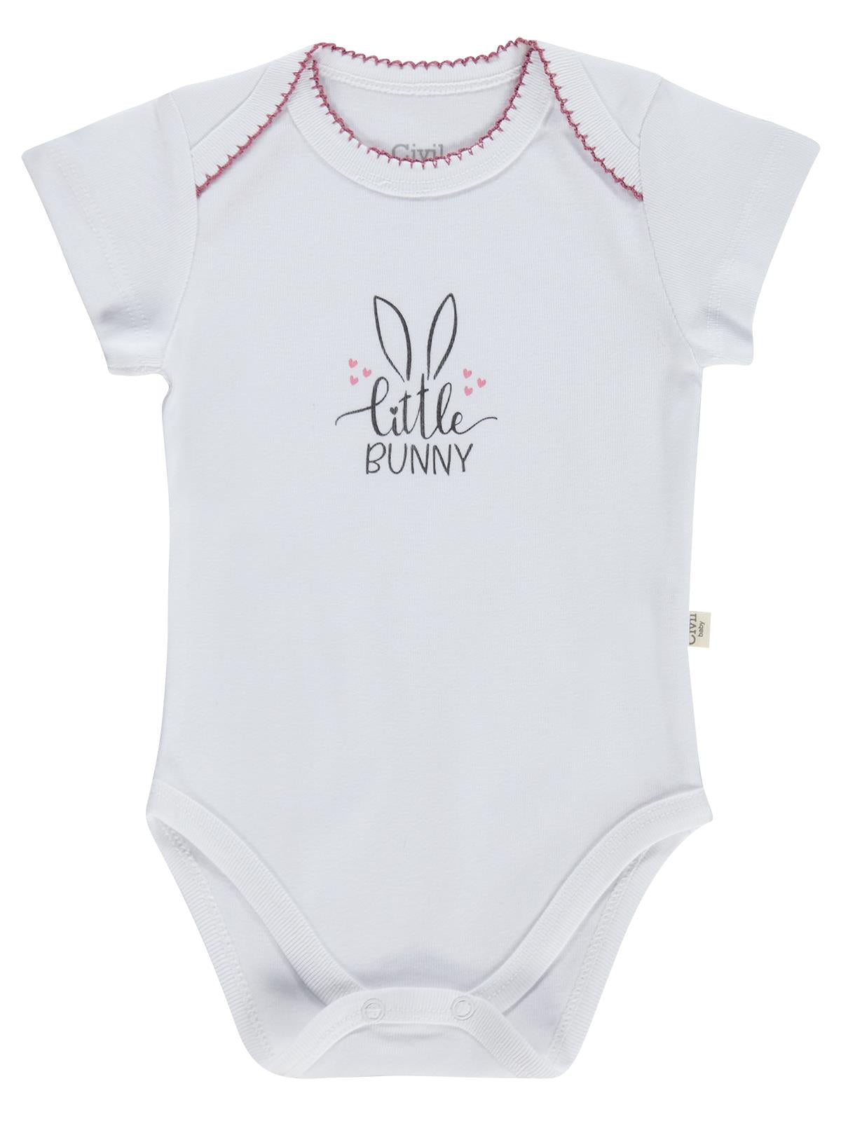 Civil Baby 3 lü Tavşan Empirmeli Kısa Kol 0-36 Ay Çıtçıtlı Badi - Pudra