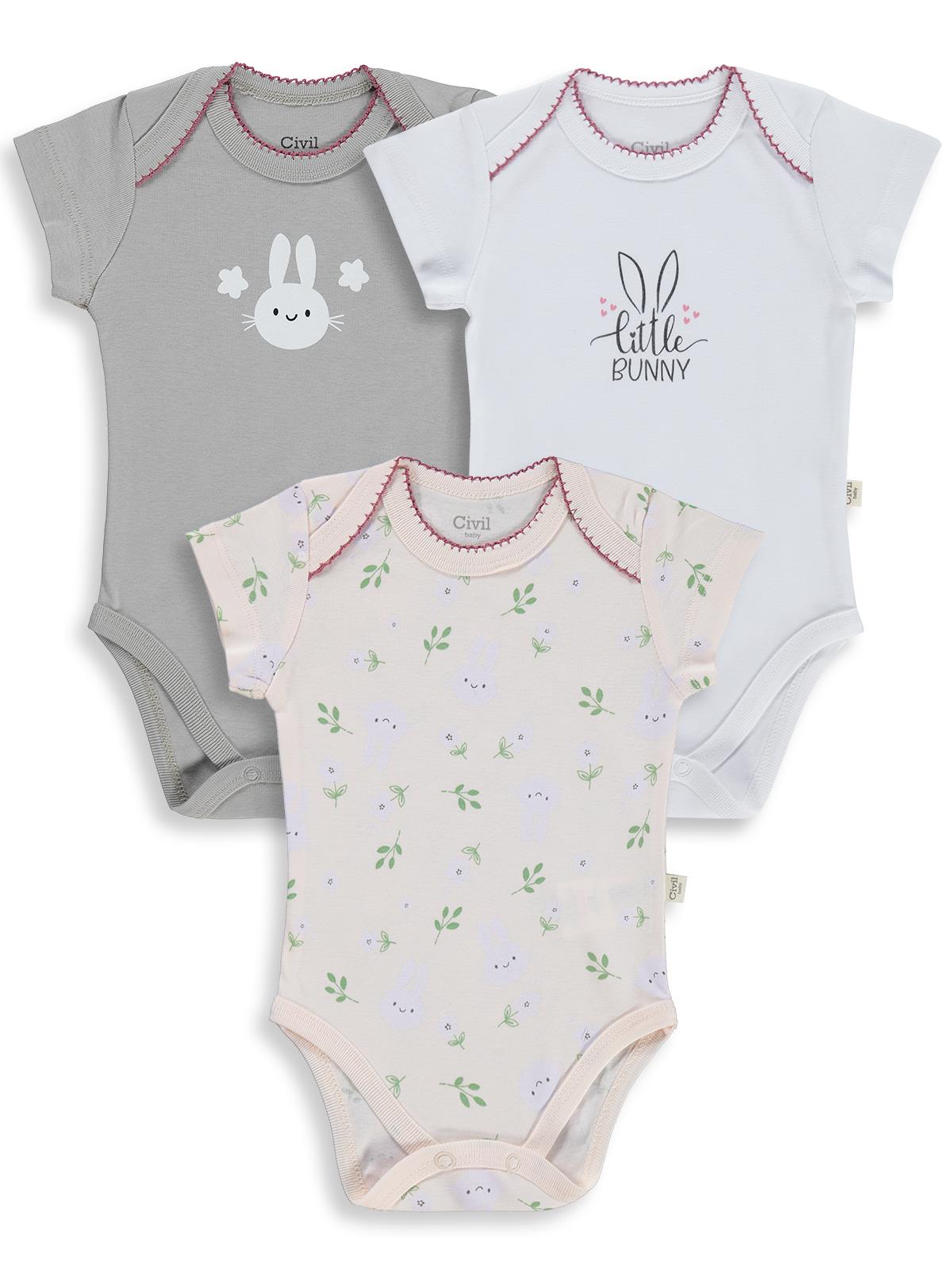 Civil Baby 3 lü Tavşan Empirmeli Kısa Kol 0-36 Ay Çıtçıtlı Badi - Pudra