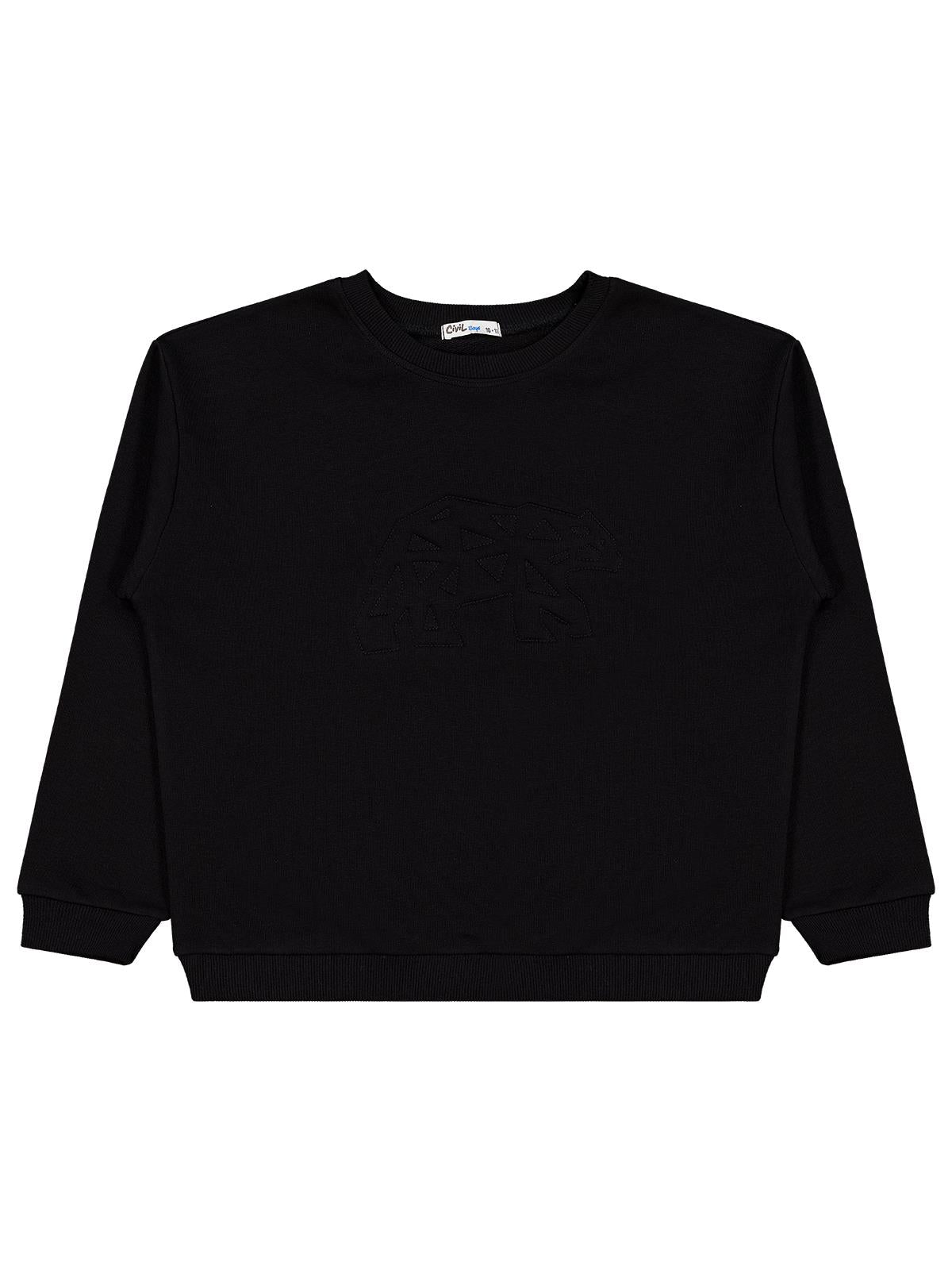 Civil Erkek Çocuk Ayı Nakışlı Sweatshirt | 3 İp Uzun Kol | Okul Kreş ve Günlük Kullanım - Siyah