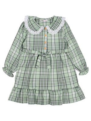 Civil Girls Ekose Desenli 6-9 Yaş Elbise - Yeşil