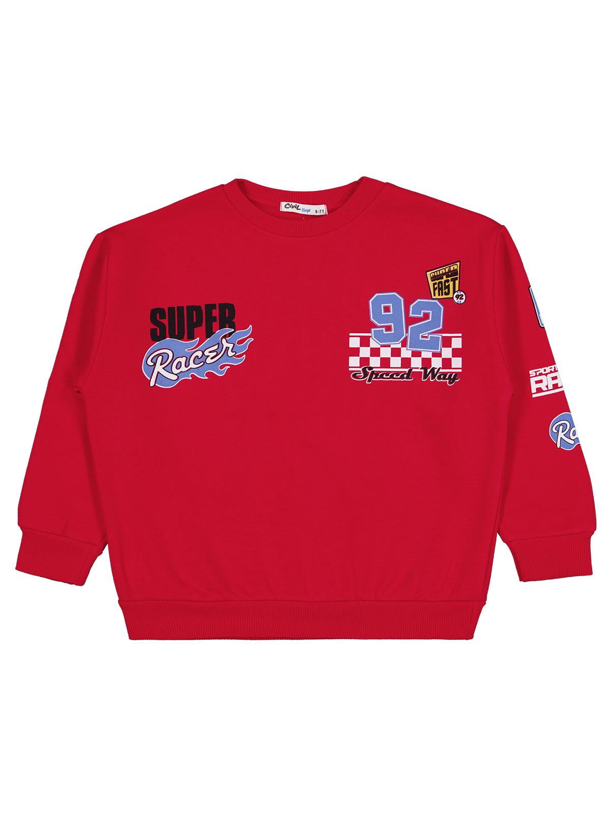 Civil Erkek Çocuk Super 92 Baskılı Sweatshirt | 3 İp Uzun Kol | Okul Kreş ve Günlük Kullanım - Kırmızı