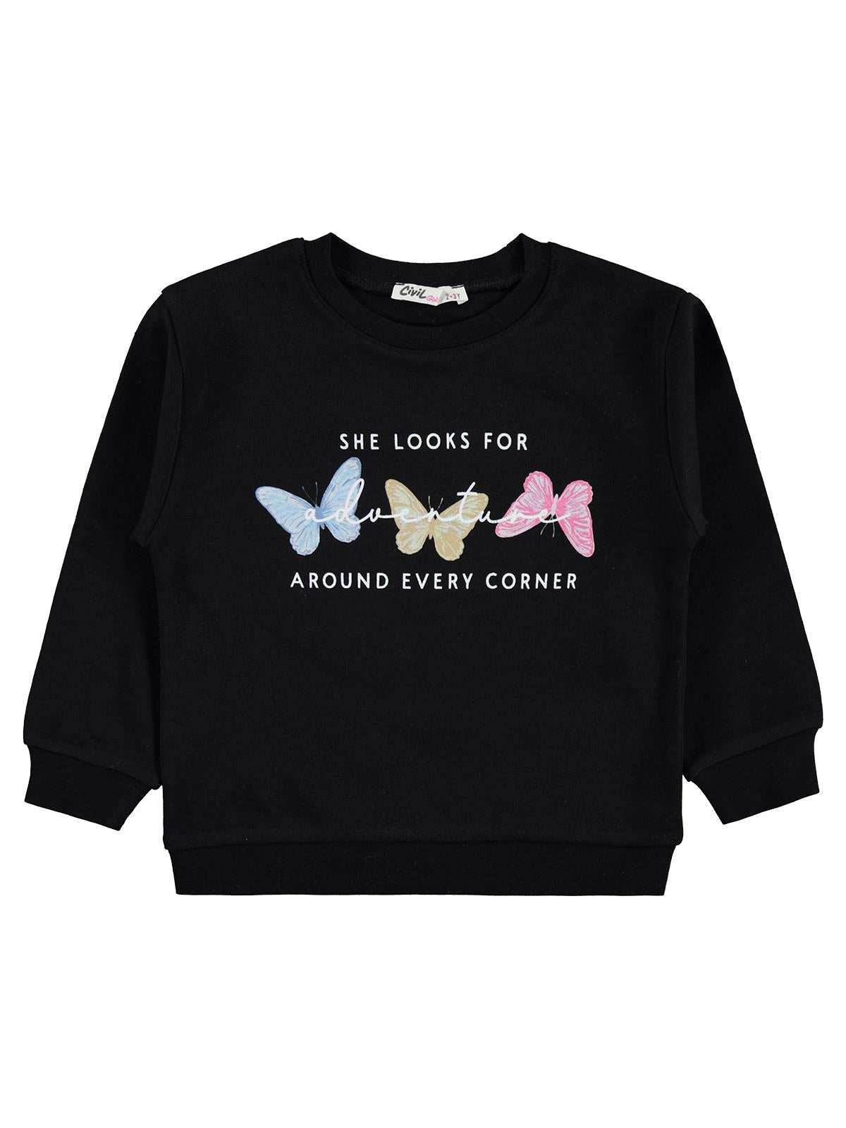 Civil Kız Çocuk Renkli Kelebek Baskılı Sweatshirt | İnterlok Uzun Kol | Okul Kreş ve Günlük Kullanım - Siyah